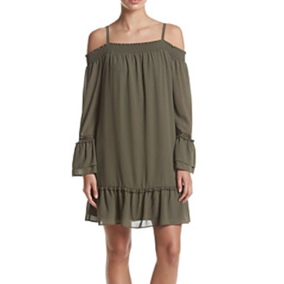 I.N. San Francisco Off Shoulder Peplum Sleeve Mini Dress Olive Green Size S NWT - Picture 1 of 10